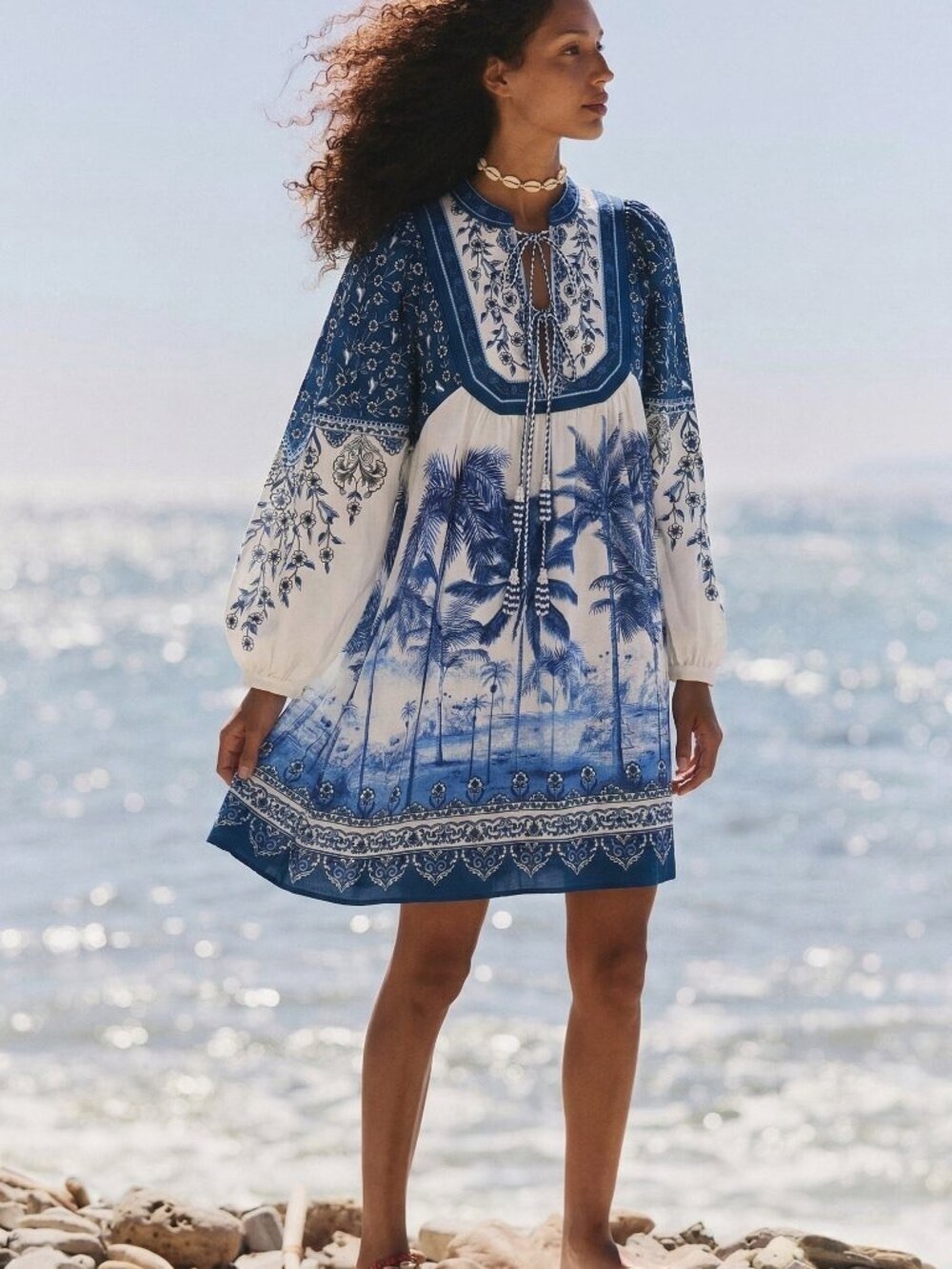 Farm Rio Palm Tree beach mini long sleeve dress in off-white blue linen blend